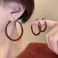 复古港风酒红色素圈大耳环女轻奢高级感亮面耳圈时髦个性夸张耳饰送女朋友老婆情人节七夕生日礼物