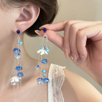 蓝色水晶流苏耳环女小众设计感高级耳钉网红耳饰气质轻奢耳坠送女朋友老婆情人节七夕生日礼物