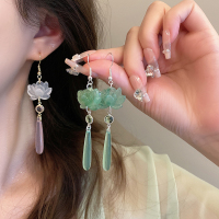 新中式莲花长款流苏耳环女2024新款汉服古风耳钩超仙百搭耳饰品送女朋友老婆情人节七夕生日礼物