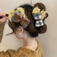 格子AB面毛绒蝴蝶结抓夹女高级感2024新鲨鱼夹后脑勺盘发夹子头饰送女朋友老婆情人节七夕生日礼物