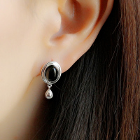 S925纯银耳钉法式复古风黑白色玛瑙水滴形气质灵动耳饰小香风女潮送女朋友老婆情人节七夕生日礼物