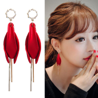 2025新款潮夸张红色花瓣耳环女长款流苏耳坠气质韩国耳钉网红耳饰送女朋友老婆情人节七夕生日礼物