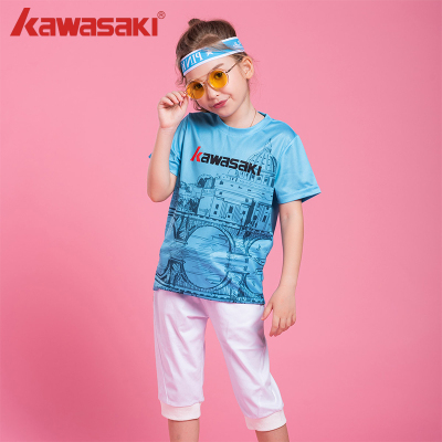 Kawasaki/川崎童装儿童运动服羽毛球服运动T恤夏季男女款休闲短袖粉色运动服羽毛球服城市印花学生装ST-S4153D