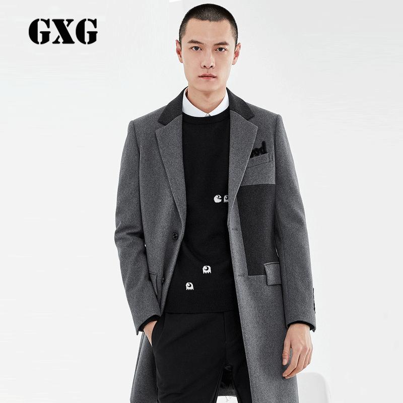 GXG大衣男装 冬季修身时尚灰色中长款羊毛毛呢大衣潮男