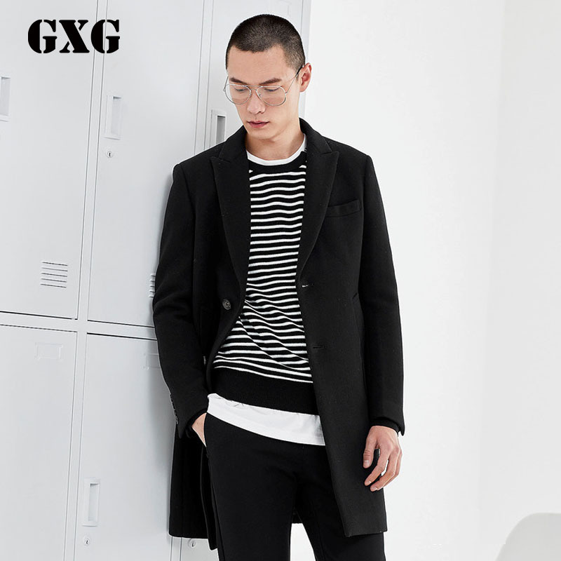 GXG男装 冬季男士修身时尚休闲都市流行黑色毛呢大衣