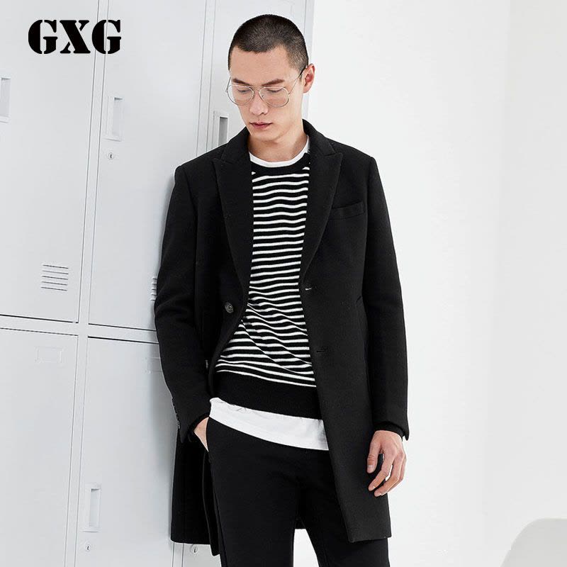GXG男装 冬季男士修身时尚休闲都市流行黑色毛呢大衣图片
