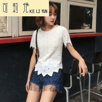 KELIYUN夏季新款韩版圆领蕾丝拼接破洞T恤短袖针织衫学生百搭上衣女装潮