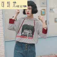KELIYUN春夏新款女装复古原宿风条纹女上衣百搭字母人头印花学生休闲卫衣