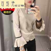 KELIYUN2017春季韩版纯色百搭修身显瘦喇叭袖套头长袖圆领打底T恤衫女装