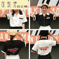 KELIYUN夏季新款女装原宿风黑白撞色学生短袖衬衫百搭甜美刺绣爱心女上衣