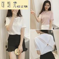KELIYUN夏季新款女装韩版显瘦百搭学生短袖T恤女后背荷叶边交叉露背上衣