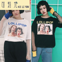 KELIYUN春夏新款女装网纱拼接假两件字母印花图案宽松显瘦学生T恤上衣女