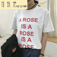 KELIYUN春夏新款女装复古水洗做旧红色字母印花宽松显瘦短袖基础T恤上衣