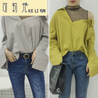 KELIYUN早春新款女装宽松显瘦网纱拼接假两件条纹V领露肩学生长袖衬衫女