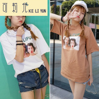 KELIYUN2017春夏新款女装字母人物印花圆领宽松显瘦破洞短袖学生打底T恤