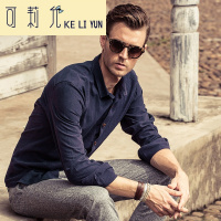 KELIYUN欧洲站亚麻 男士简约衬衣 纯色棉麻长袖水洗复古休闲衬衫