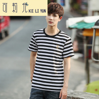 KELIYUN男士短袖T恤男五分袖韩版学生宽松黑白条纹半袖日系上衣