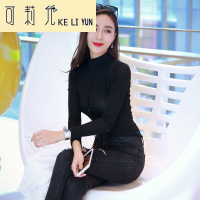 KELIYUN黑色透视针织衫女装春装2017新款潮长袖小高领打底衫纽扣上衣