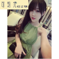 KELIYUN2017早春新款女装气质芥末绿挂脖收腰显瘦甜美雪纺打底连衣裙长裙