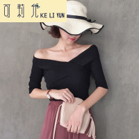 KELIYUN夏季新款女装交叉针织一字领套头学生百搭修身显瘦短袖T恤上衣女