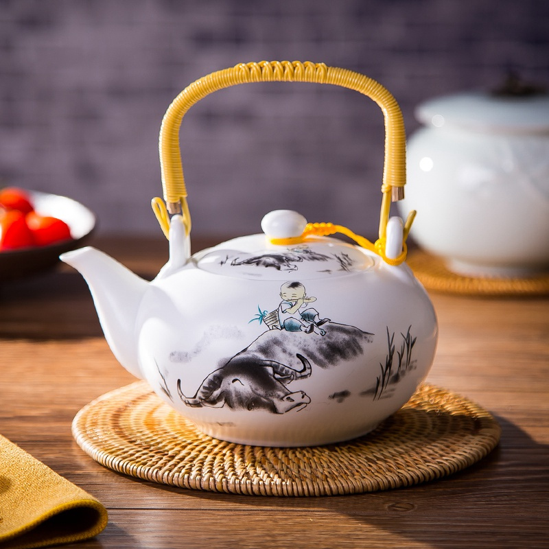 艺锦蓝国产景德镇花茶提梁壶一壶六杯茶具不保温600ml茶壶水壶茶杯
