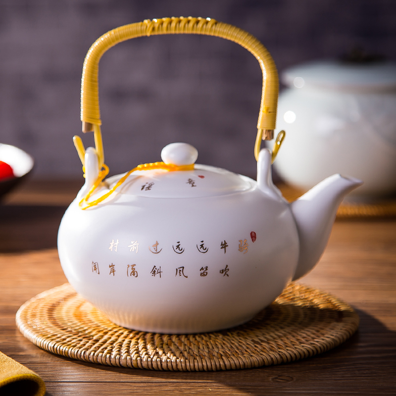 艺锦蓝国产景德镇花茶提梁壶一壶六杯茶具不保温600ml茶壶水壶茶杯