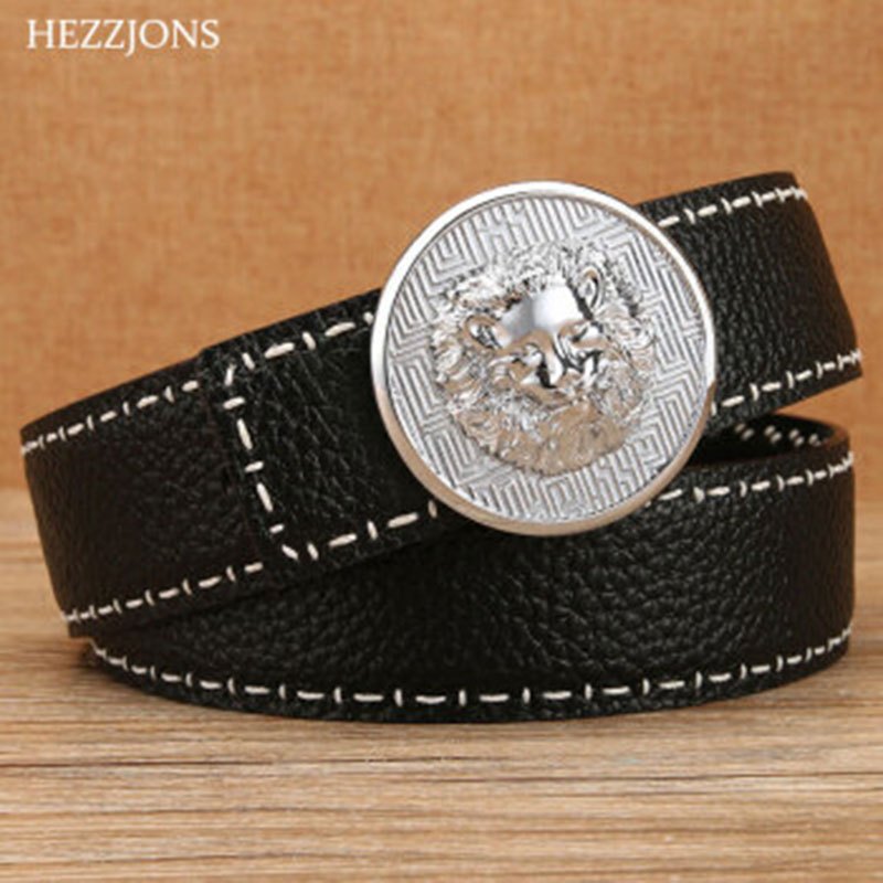 赫泽琼斯hezzjons正品腰带纯铜狮子头皮带头层牛皮荔枝纹时尚百搭休闲