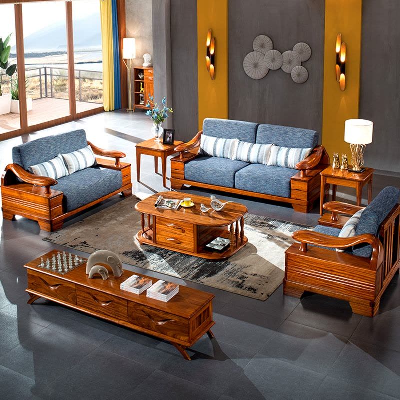 木屋子家具木质 北欧/宜家MUWUZI中式实木沙发乌金木沙发组合客厅家具现代实木布艺沙发小户型组合单人位双人沙发三人沙发图片