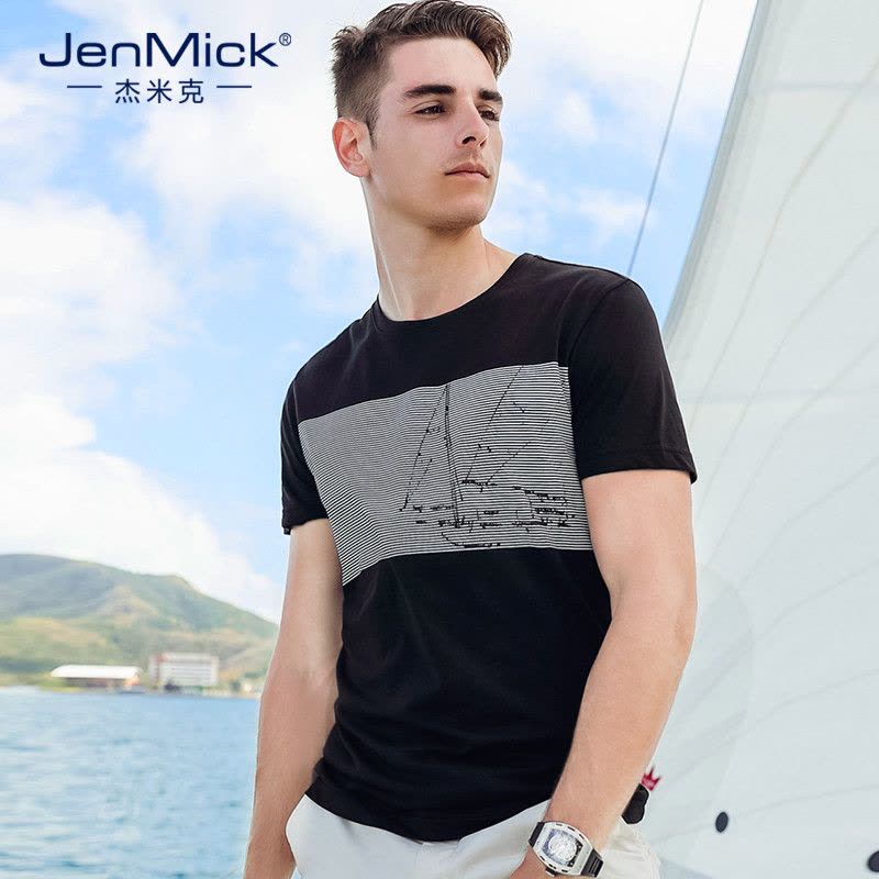 杰米克(JenMick)2017新款男装圆领印花短T纯棉型男潮流日常半截袖修身短袖T恤图片