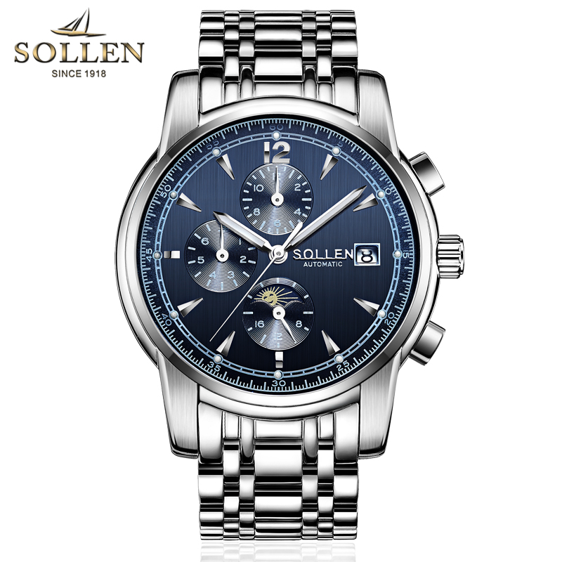 梭伦(SOLLEN)手表自动机械表三眼运动休闲商务男表夜光时尚潮流精钢带男士表新款SL-803 银色蓝面