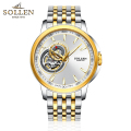 梭伦(SOLLEN)手表男自动机械表镂空飞轮时尚休闲商务简约复古男式表防水钢带SL-502 间金白面