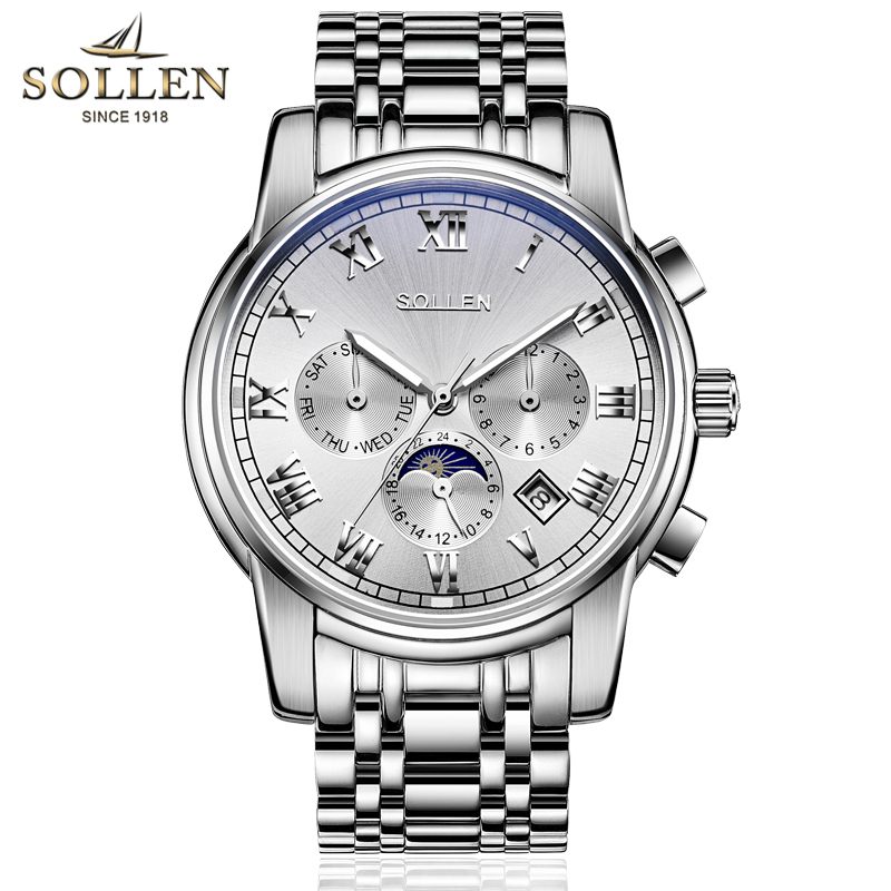 正品梭伦手表男自动机械表钢带镂空时尚腕表夜光防水男表SL-801 银色白面