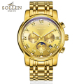正品梭伦手表男自动机械表钢带镂空时尚腕表夜光防水男表SL-801 金色金面