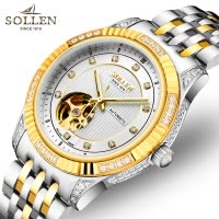 梭伦(SOLLEN)新款手表正品自动机械表男表陀飞轮夜光时尚休闲正装钢带防水男士手表SL-9006