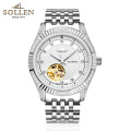 梭伦SOLLEN新款正品自动机械表男表陀飞轮夜光时尚休闲正装钢带手表防水男士手表SL-9006 银色白面