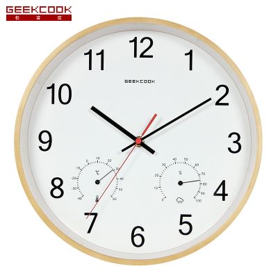 极客库GEEKCOOK12寸木质挂钟客厅圆形石英挂钟静音客厅时钟温湿度计创意挂表GK100077 简约数字-原木色