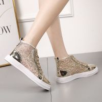 夏银色蕾丝水钻网纱百搭系带坡跟透气内增高女鞋厚底休闲高帮鞋 臻依缘