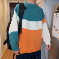 秋冬季新款条纹拼色圆领套头针织衫男女宽松百搭休闲bf风情侣毛衣 臻依缘