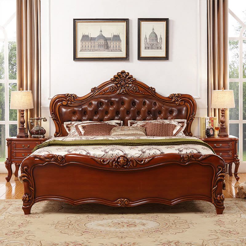 天惠子 美式实木床 欧式头层牛真皮床 1.8米双人婚床 手工雕花橡木公主床图片