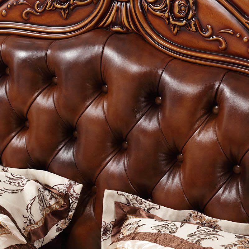 天惠子 美式实木床 欧式头层牛真皮床 1.8米双人婚床 手工雕花橡木公主床图片