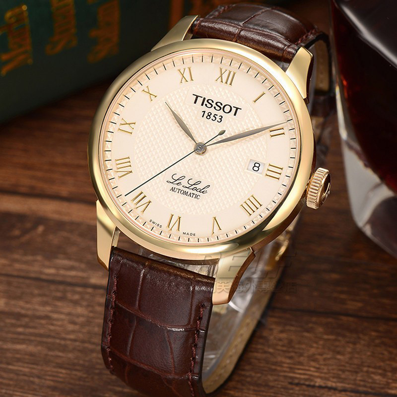天梭TISSOT手表力洛克系列金色外壳皮带机械男表T41.5.413.73
