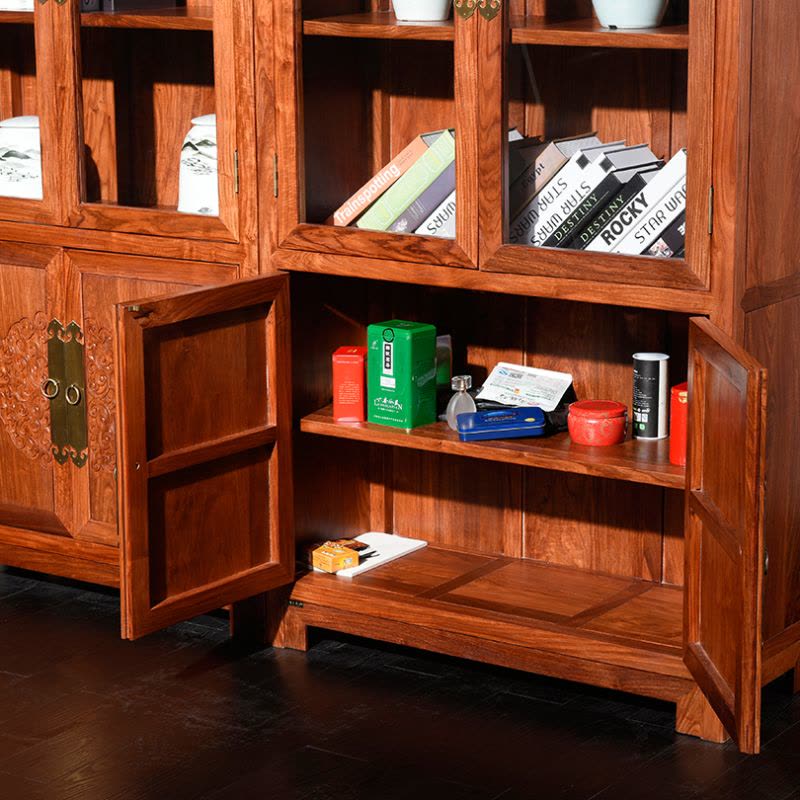 摩纳小镇 新中式红木书柜 刺猬紫檀实木玻璃柜 书房书架展示柜家具图片