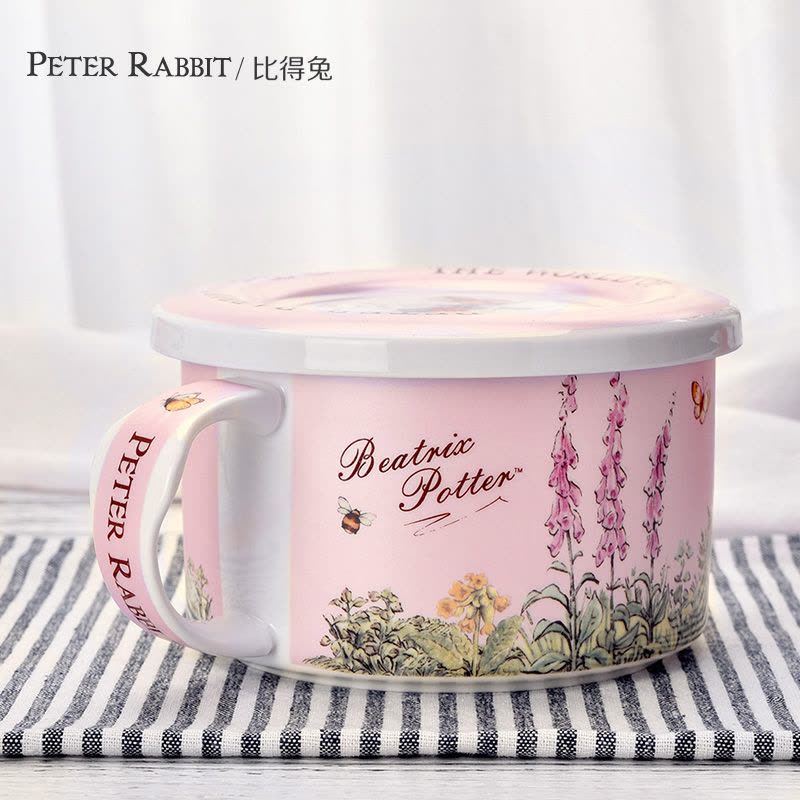 英国比得兔(Peter Rabbit)创意泡面碗带盖双耳陶瓷碗可爱方便面碗饭碗大碗汤碗图片