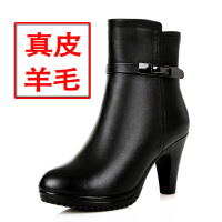 真皮羊毛棉鞋短靴女中筒靴中高跟妈妈粗跟头层牛皮马丁靴女靴女鞋2022春秋冬季麦可斯.米娅
