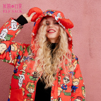 妖精的口袋想象原力冬装2017新款撞色印花连帽中长款羽绒服女