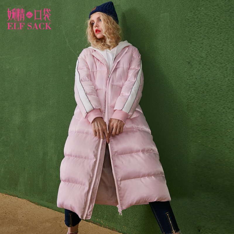 妖精的口袋-诺曼底登陆冬装2017新款宽松条纹拼接长款羽绒服女