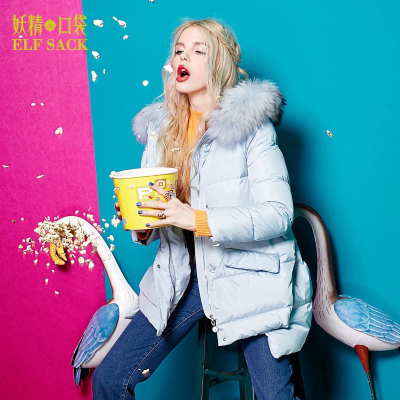 冬装宽松超大毛领上衣外套斗篷型保暖白鸭绒羽绒服中长款女642004