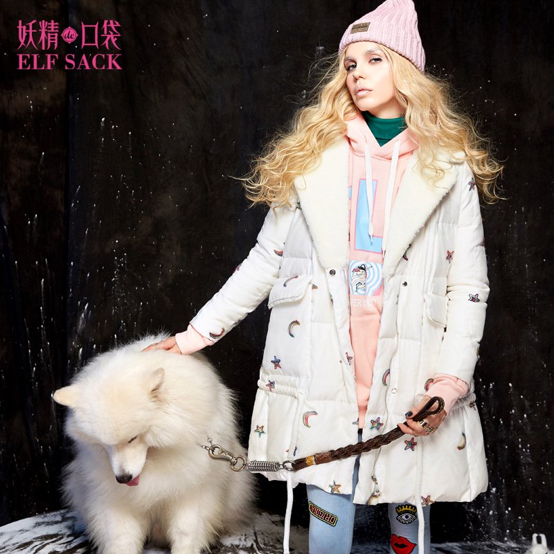 冬装chic上衣宽松刺绣保暖面包服外套白鸭绒羽绒服长款女642041