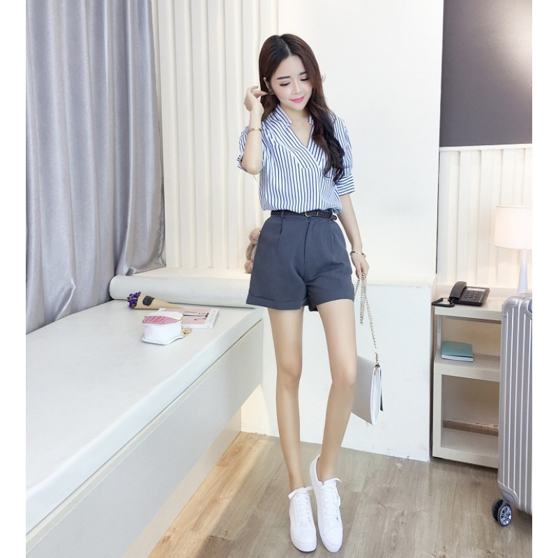 mtiny夏季韩版小清新套装女职业ol条纹短袖衬衫衣阔腿短裤两件套