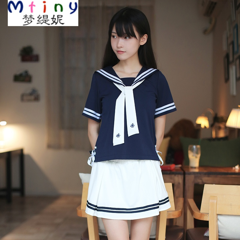 mtiny夏季日韩系海军风白色水手服jk女学生装制服丝带短袖校服cos套装